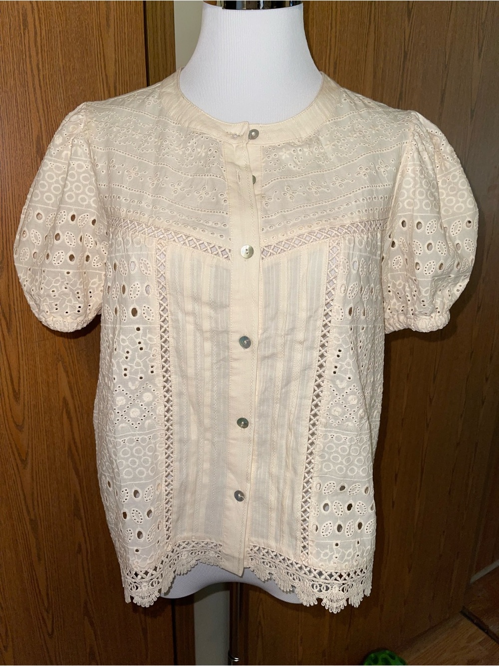 Industry Cotton Eyelet Lace Puff-Sleeve Button-Front Top - Cream/Yellow